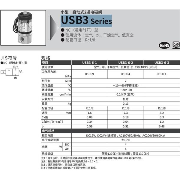 CKD喜開理多種流體小型直動(dòng)式2通電磁閥USB3-6-1-B-DC12V