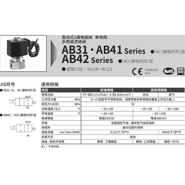 CKD喜開理多種流體直動式2通電磁閥AB31-04-3-AC100V