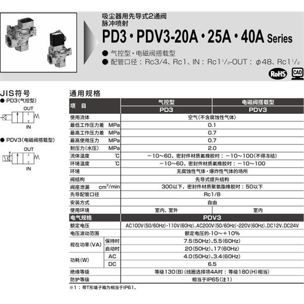 CKD喜開理脈沖噴射閥PDV3-20A-2C-AC100V