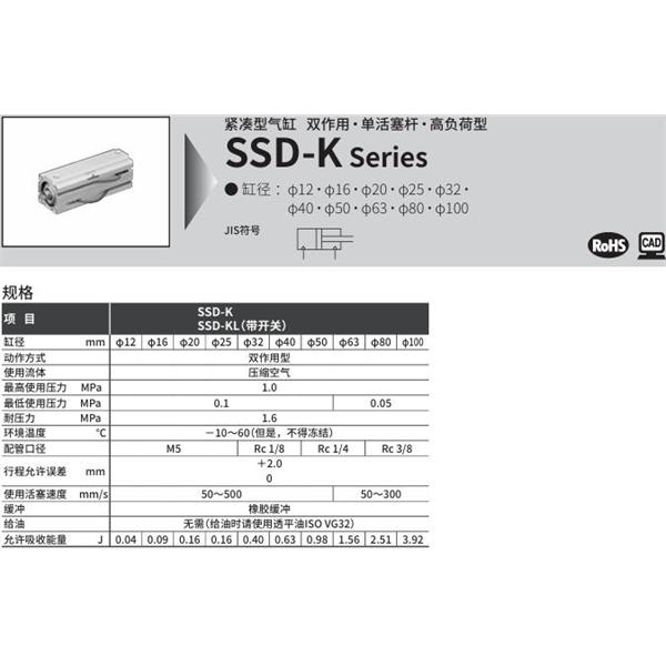 CKD喜開理超級緊湊型氣缸SSD-KL-20-5-T0H-R-N-LB-I
