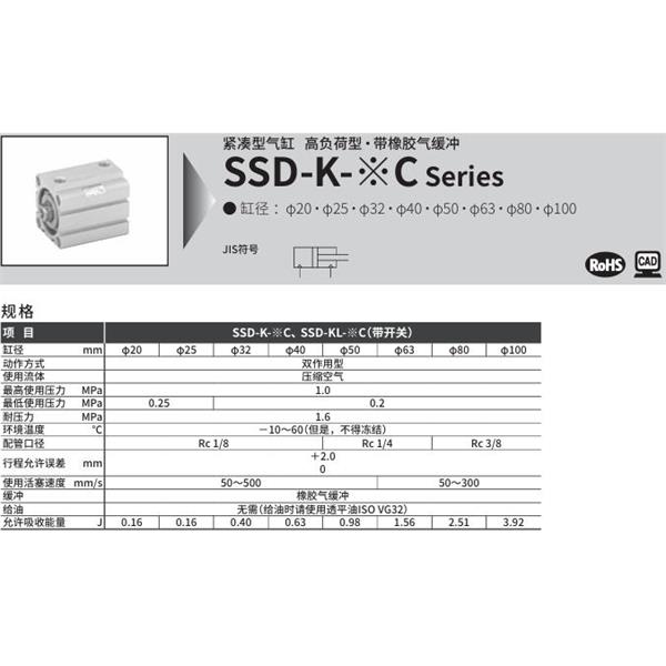 CKD喜開理超級(jí)緊湊型氣缸SSD-K-100C-10-N-LB-I