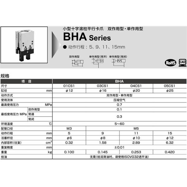 CKD喜開理小型十字滾柱平行卡爪BHG-03CS1