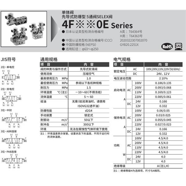 CKD喜開理先導式防爆型5通閥4F750E-20-TP-P-X-AC100V